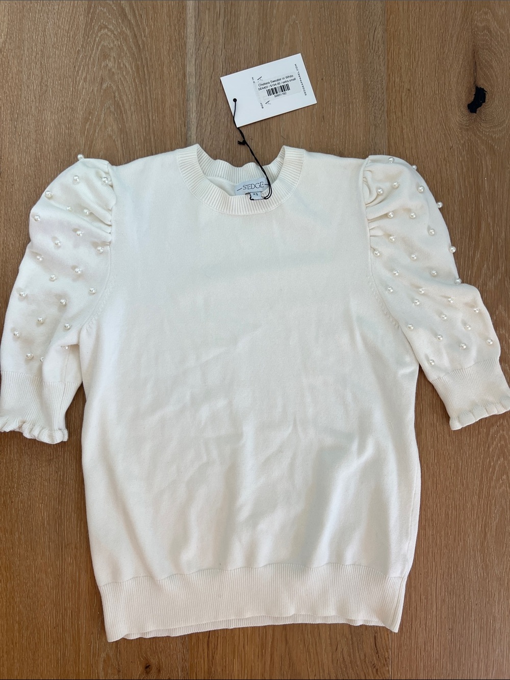 S’Edge Pearl-Embellished white Puff-Sleeve Sweater Top NWT